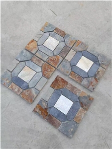Slate Medallion Flooring Tiles,Outdoor Flagstone Walkway Pavers,Multicolor Flagstone Road Paving