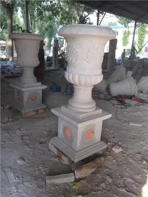 White Marble Garden Flower Pot,Carving Planter Pots,Outdoor Flower Vases