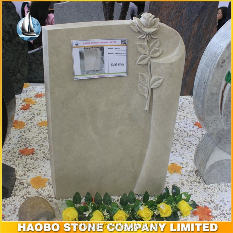Beige Marble Headstone with Carved Rose