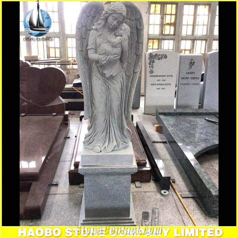 China Light Grey G633 Granite Cemetery Angel Statue with a Baby
