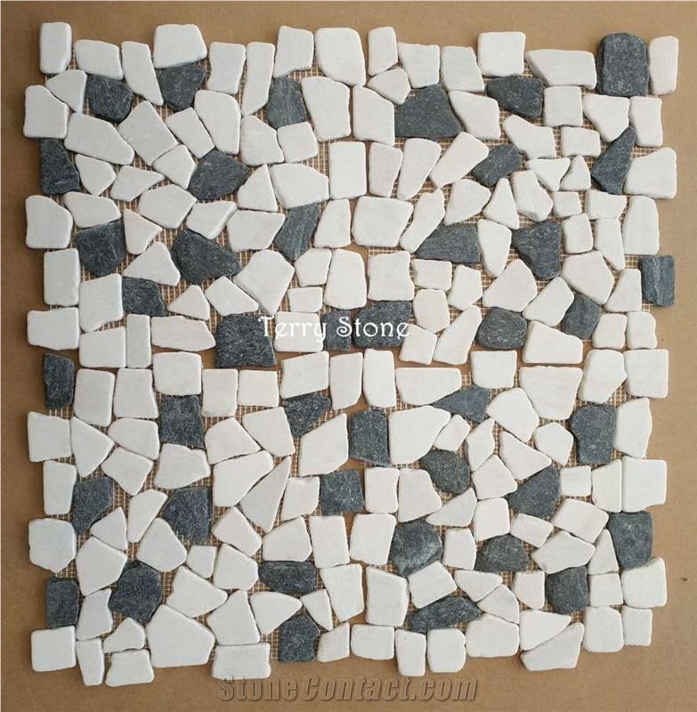 White Mix Dark Grey Natural Stone Granite/Marble Mosaic Tiles,Chipped Mosaic for Bath and Kitchen Wall Cover and Interior Decor from China