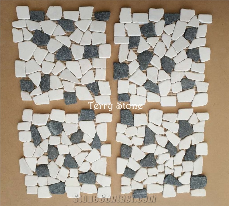 White Mix Dark Grey Natural Stone Granite/Marble Mosaic Tiles,Chipped Mosaic for Bath and Kitchen Wall Cover and Interior Decor from China