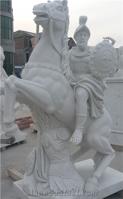 Horse Man Statue Sculptured White Marble Sculpture