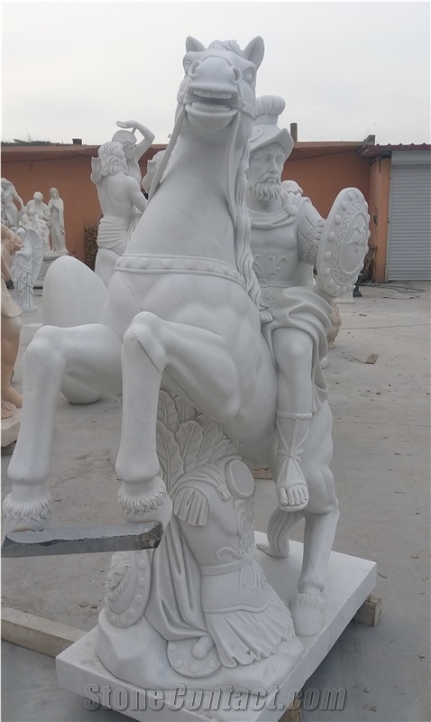 Horse Man Statue Sculptured White Marble Sculpture