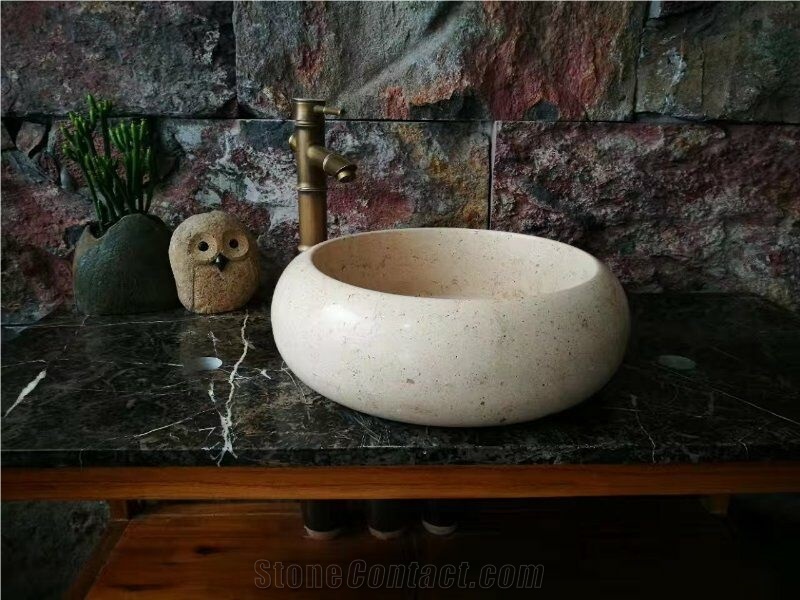 Classice Cream Marble Round Sinks, Natural Stone Bathroom Sinks