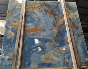 Iran Gold Blue Onyx Polished Slabs and Tiles Backgroung, Wall Covering, Stair, Skirting, Cladding