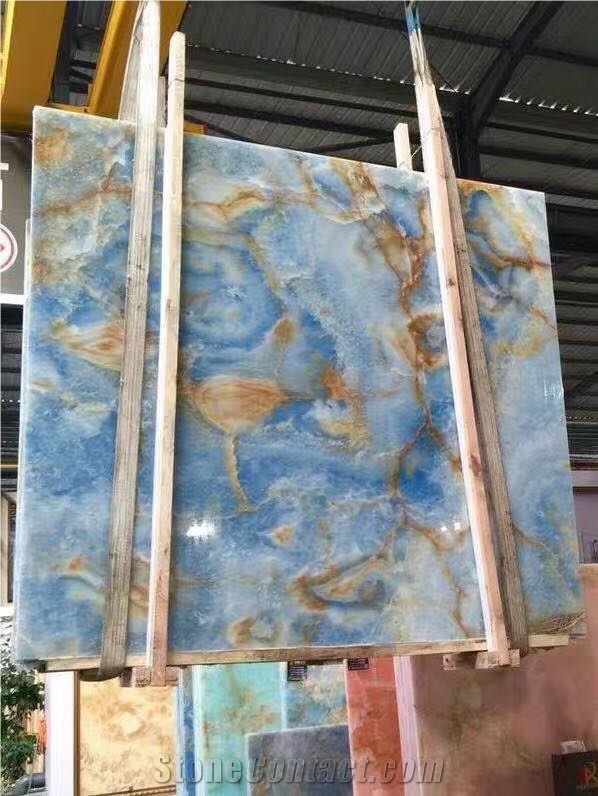 Iran Natural Gold Blue Onyx Polished Slabs Cut-To-Size for Floor Covering