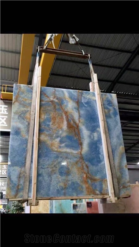 Iran Natural Gold Blue Onyx Polished Slabs Cut-To-Size for Floor Covering