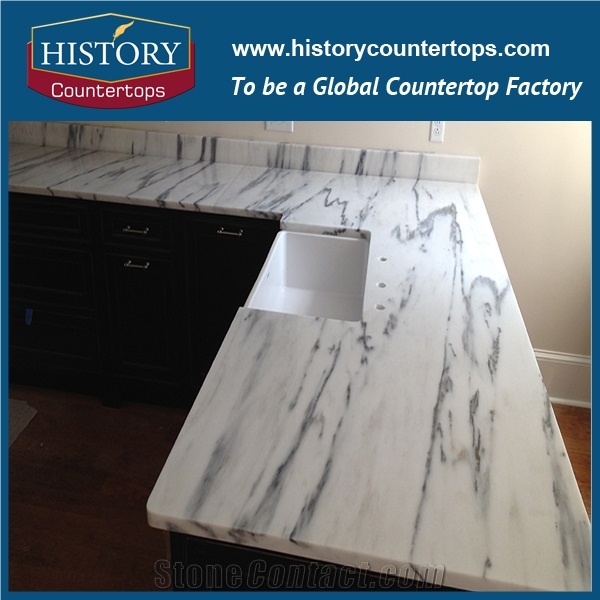 China White Marble Kitchen Bar Top with Custom Edging, Polished Surface Countertop Standard Size and Custom Size for Hospitality & Multi-Family Projects