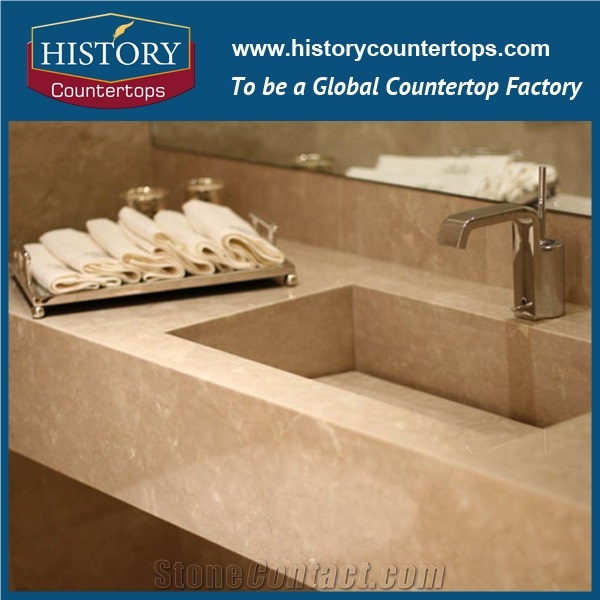 Italy Botticino Classico Natural Stone Solid Surface Vanity Tops with Sigle and Double Sinks for Bathrooms, Custom Size Marble Bath Countertop Installed