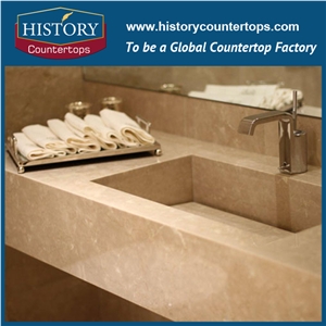 Italy Botticino Classico Natural Stone Solid Surface Vanity Tops with Sigle and Double Sinks for Bathrooms, Custom Size Marble Bath Countertop Installed