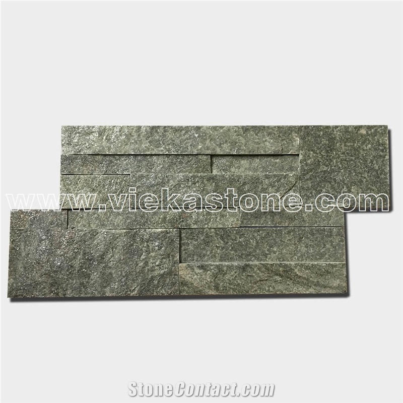 China Green Quartzite Stacked Stone Veneer Wall Cladding Ledge Stone Panel Split Face Tile Landscaping Interior & Exterior Feature Wall Culture Stone 35x18cm