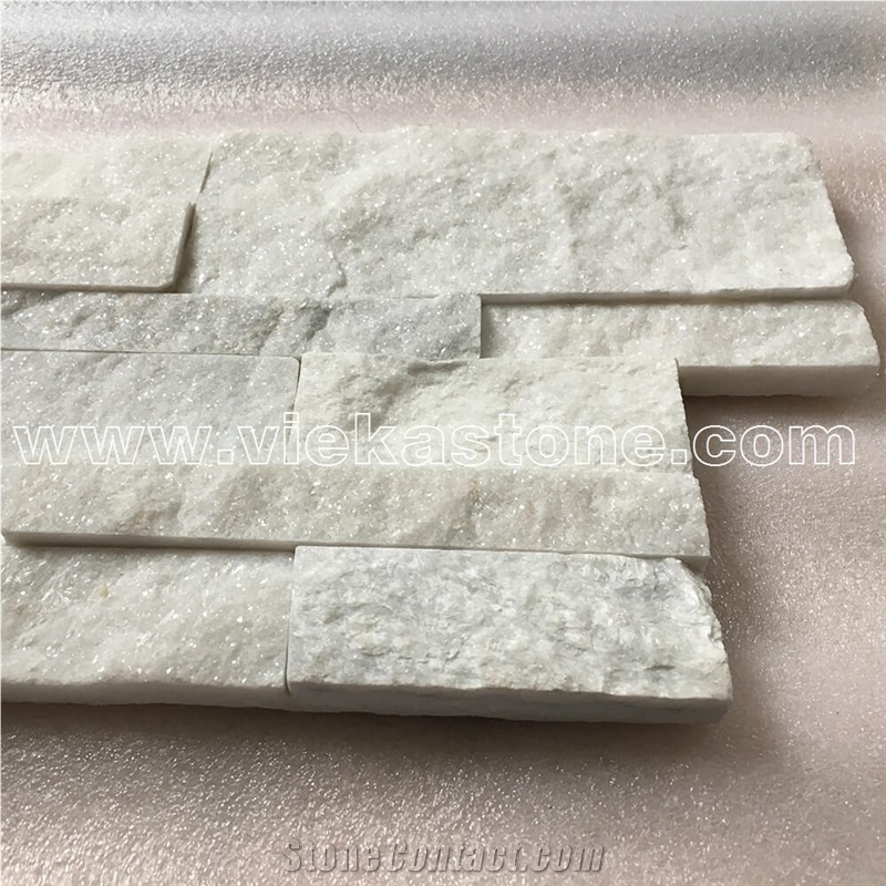 China Snow White Quartzite Stacked Stone Wall Cladding Panel Ledge Stone Split Face Tile Landscaping Interior & Exterior Culture Stone 35x18cm