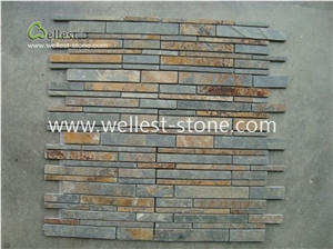 Yellow Wood Linear Strips Slate Mosaic, Stone Mosaic, Bathroom Mosaic Tile M