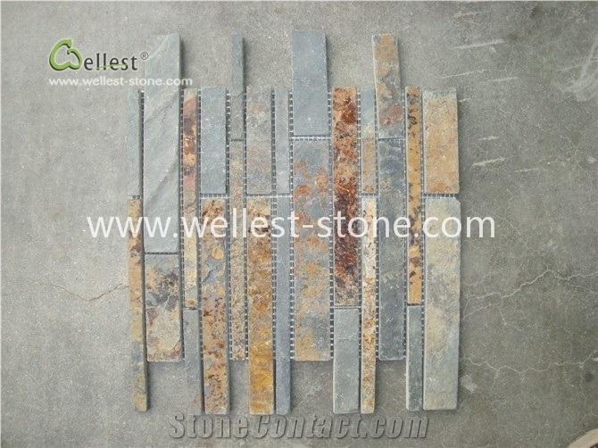 Yellow Wood Linear Strips Slate Mosaic, Stone Mosaic, Bathroom Mosaic Tile M