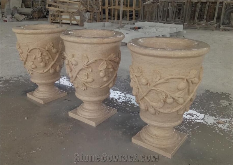 Hand Carved Beige Marble Plant Pot