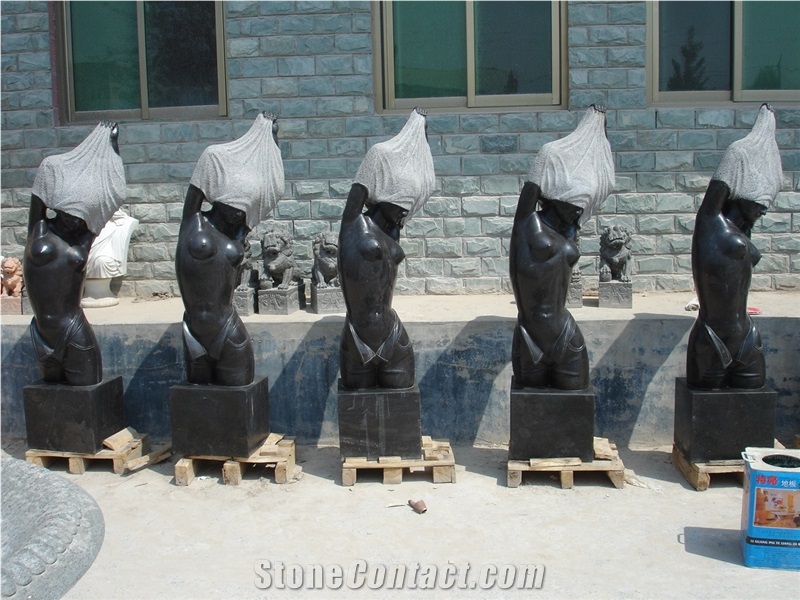 Hand Carved Black Limestone Abstract Statue Sculpture