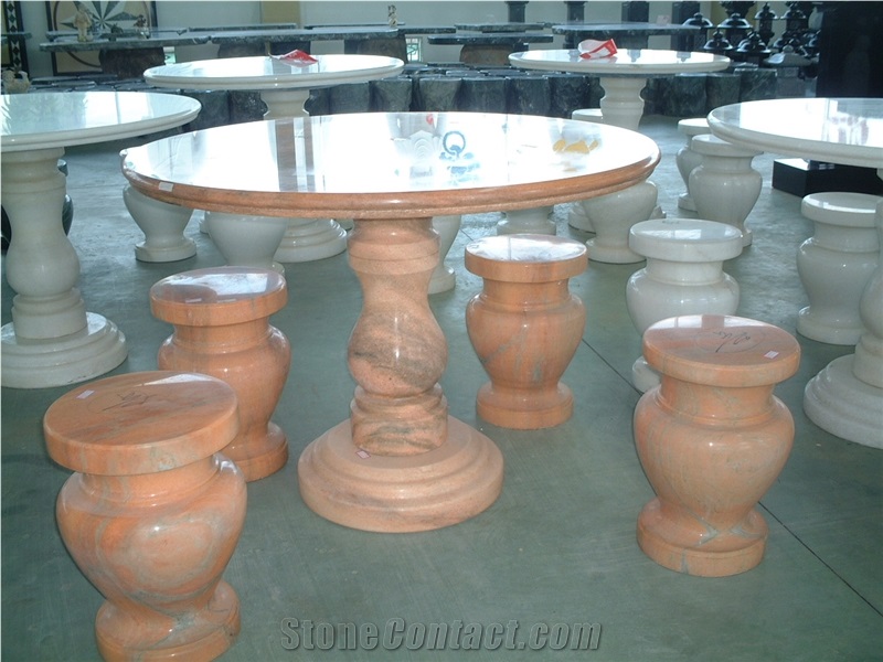 Natural Pink Marble Table & Stool Set