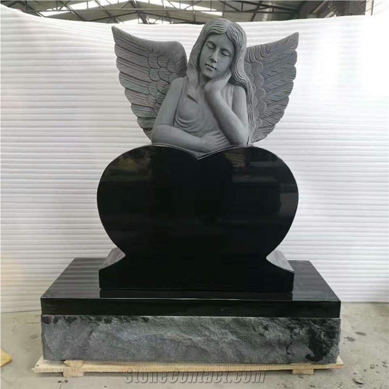 Angel Carved with Heart Shanxi Black Monument, Angel Carving Headstone with Base, Black Tombstone, American Style Heart Memorials