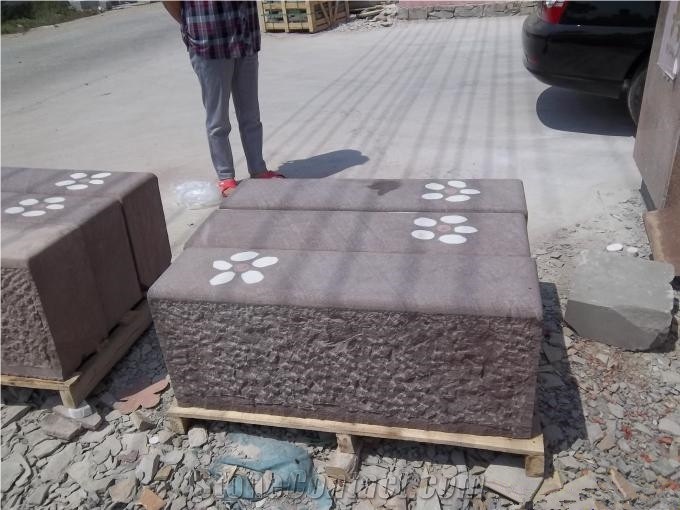 Beatiful Whole Lilac Color Cuboid Sandstone Bench, Purple Sandstone Chair with White Flower Design on the Top, Sandstone Benches for Garden Decoration Outside,Exterior Street Furniture