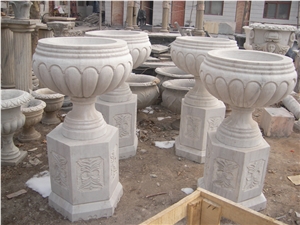 China White Marble Carved Flower Pot, Rould Flower Planter, Outdoor White Marble Flower Stand,Landscaping Planters