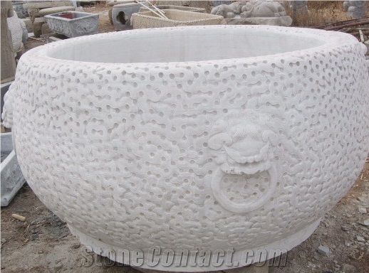 China White Marble Carved Flower Pot, Rould Flower Planter, Outdoor White Marble Flower Stand,Landscaping Planters