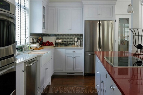 Crystal Red Quartz Kitchen Countertops, Quartz Surface, Quartz Stone Tops, Quartz Kitchen Island Tops