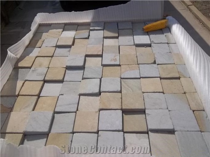 Double Color Sandstone Cube Stone, Yellow and White Paving Stone, Multicolor Sandstone Cobble, Sandstone Setts, Natural Building Stone