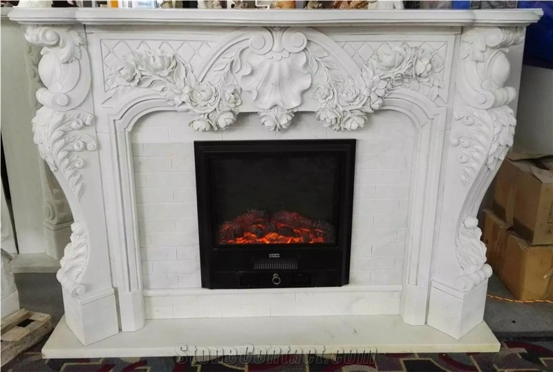 Fangshan White Marble Fireplace Mantel, Handcarved Flower Sculptured Fireplace, Indoor Sculptured Stone