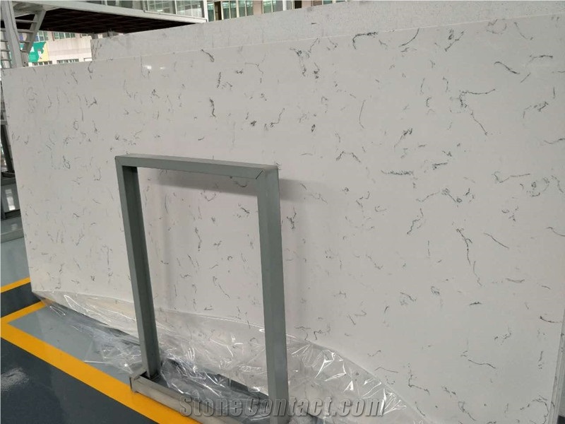 Middle Carrara Quartz Slab, Marble Veined Quartz, Quartz Surfaces, Cut-To-Size Quartz Tiles, Quartz Slab for Countertop and Vanity Top