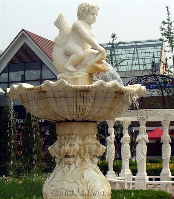 Natural Marble Sculpture Water Fountain, Human Sculptured Handcarved Exterior Fountains for Garden Decoration