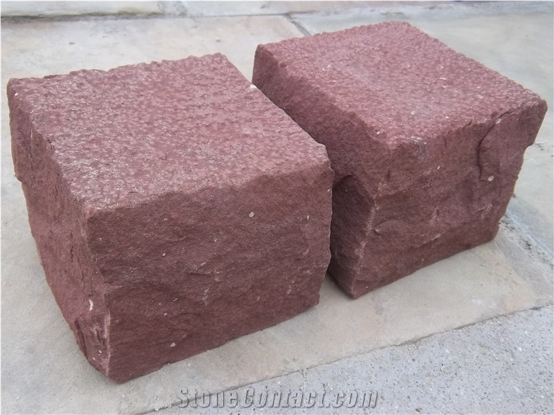 Red Sandstone Cube Stone, Red Color Paving Stone, Red Sandstone Cobble, Sandstone Setts, Natural Building Stone