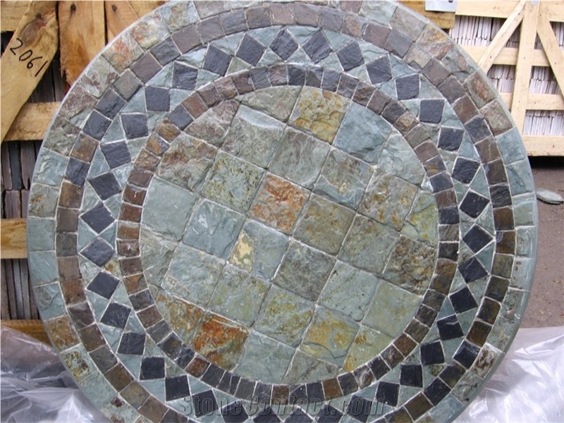 Slate Mosaic Interior Floor Pattern, Round Mosaic Medallion, Multicolor Slate Circle Medallions