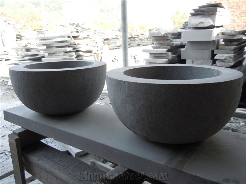 Stone Wash Bowl G684 Polished Basalt Round Sinks, Fuding Black Round Wash Basins for Kitchen and Bathroom