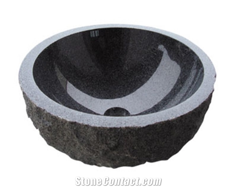Stone Wash Bowl Inner Polished Outer Rock Pitch Granite Round Sinks, Stone Wash Basins