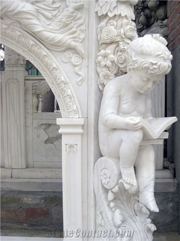 White Marble Angel Fireplace Mantel, Handcarved Human Sculptured Fireplace, Indoor Sculptured Stone
