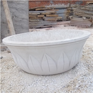 White Sandstone Flower Pot, Shandong Sandstone Round Carved Flower Planter, Exterior Flower Stand, Landscaping Planters