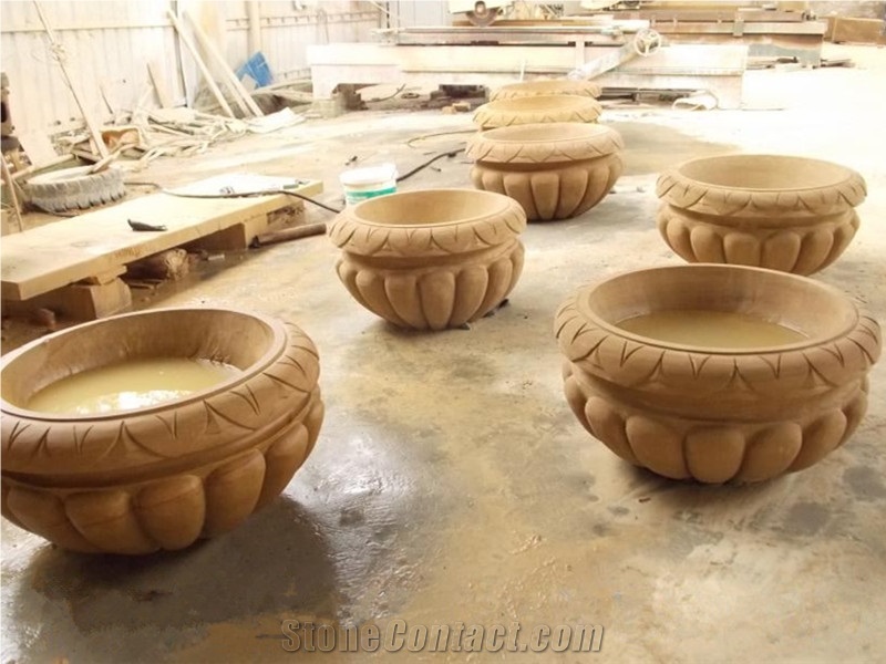 Yellow Sandstone Flower Pot, Carved Flower Planter, Exterior Flower Stand, Landscaping Planters