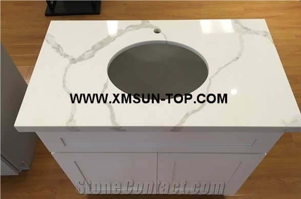 Calacatta Quartz Stone Cabinet Bathroom Countertop/White Artificial Stone Vanity with Wood Cabinet/White Quartz Bath Tops/Custom Cabinet Countertop & Fabrication/Engineered Stone Bathroom/Man-Made
