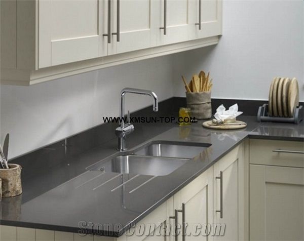 Grey Quartz Stone Kitchen Countertop with Stainless Steel Sink/Artificial Quartz Kitchen Counter Top/Engineered Stone Kitchen Countertops/Custom Counter Top/Manmade Stone Kitchen Worktops/Kitchen Tops