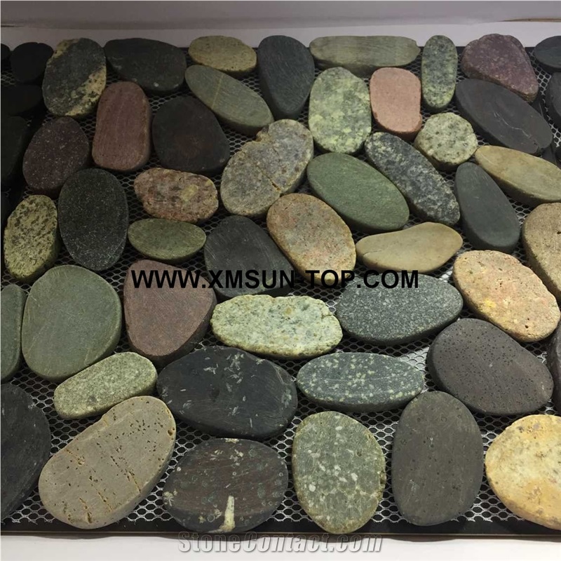 Miexd Color Sliced Pebble Mosaic Tile/Natural River Stone Mosaic for Wall Covering&Flooring/Pebble Mosaic in Mesh/Double Surface Cut Pebble Mosaic/Pebble Mosaic for Bathroom&Kitchen