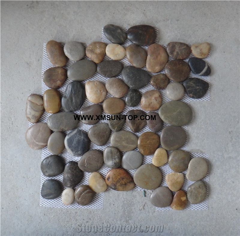 Multicolor Pebble Mosaic/Natural River Stone Mosaic Wall Tiles/Washed Pebble Floor Tiles/Flat Pebble Mosaic in Mesh/Mixed Color Pebble Mosaic/Pebble Mosaic for Bathroom&Kitchen/Interior Decoration