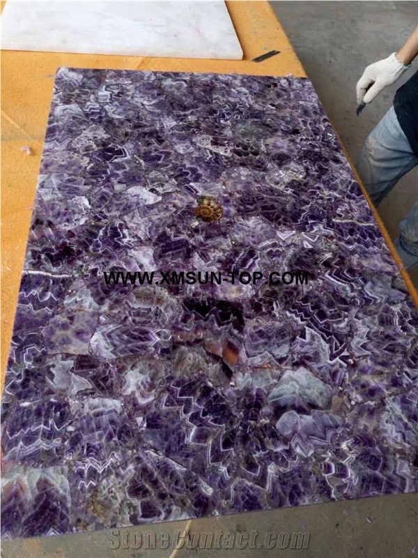 Polished Lilac Crystal Semiprecious Stone Slab/Luxury Purple Semi-Precious Stone Slab&Tile&Customized/Semi Precious Stone Slab/Violet Semi-Precious Stone Panel/Interior Decoration