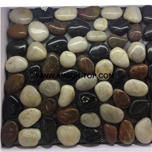 Polished Mixed Color Pebble Mosaic/Natural River Stone Mosaic Wall Tiles/Pebble Floor Tiles/Pebble Mosaic in Mesh/Multicolor Pebble Mosaic/Pebble Mosaic for Bathroom&Kitchen/Interior Decoration