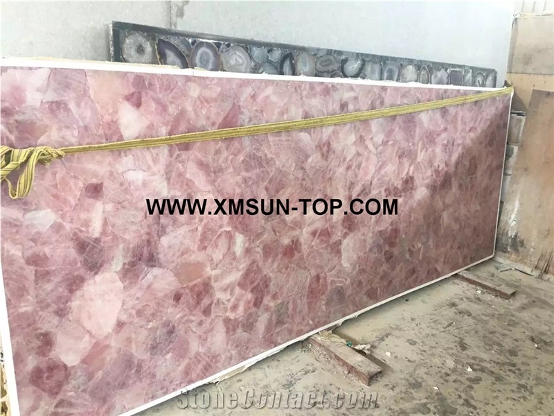 Polished Pink Crystal Semiprecious Stone Slab/Luxury Pink Semi-Precious Stone Slab&Tile&Customized/Gemstone Slabs for Wall Cladding&Flooring/Semi-Precious Stone Panel/Interior Decoration