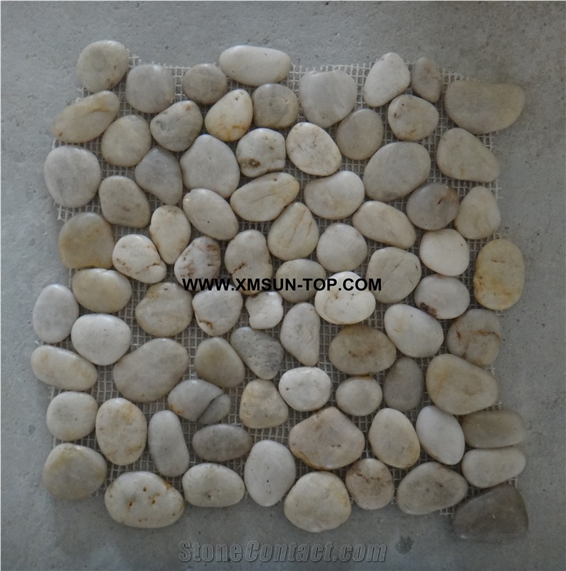 White Pebble Mosaic/Natural River Stone Mosaic Wall Tiles/Washed Pebble Floor Tiles/Flat Pebble Mosaic in Mesh/White Pebble Mosaic/Pebble Mosaic for Bathroom&Kitchen/Interior Decoration