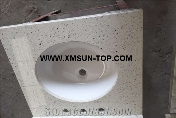White Sparkle Quartz Stone Bathroom Countertops/White Quartz Stone Vanity Tops with Round Sink/Custom Vanity Tops/Artificial Quartz Bath Tops/Man-Made Stone Vanity Tops/Engineered Stone Bathroom Top