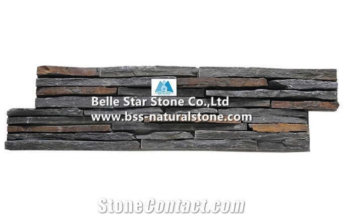 Black Mixed Multicolor Riven Slate Cemented Mini Stacked Stone,Slate Slim Stone Cladding,Natural Culture Stone Back with Cement,Charcoal Grey Mixed Rusty Slate Ledgestone,Stone Panels,Stone Veneer