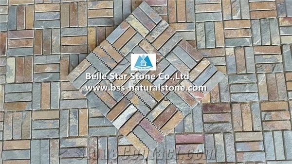China Multicolour Riven Slate Mosaic,Rusty Split Face Slate Wall Mosaic,Sunset Slate Floor Mosaic,Autumn Rose Slate Mosaic Pattern,Multicolor Slate Mosaic Tiles,Natural Copper Rust Slate Stone Mosaic