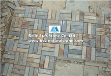 China Multicolour Riven Slate Mosaic,Rusty Split Face Slate Wall Mosaic,Sunset Slate Floor Mosaic,Autumn Rose Slate Mosaic Pattern,Multicolor Slate Mosaic Tiles,Natural Copper Rust Slate Stone Mosaic